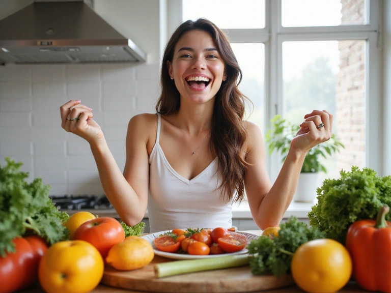 Eine Person, die glücklich und energiegeladen frisches Obst und Gemüse genießt, in einer freundlichen Umgebung.